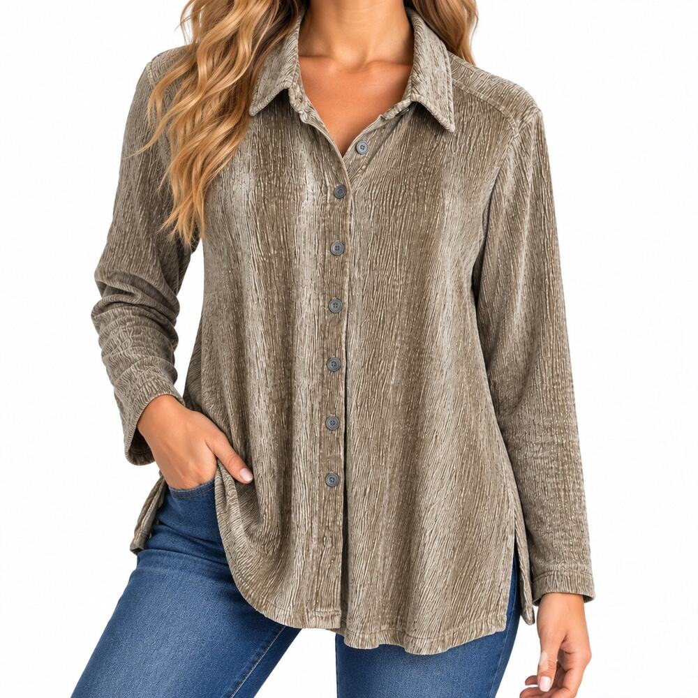 NEW NWT Ali Miles Sz Large Velvet Wearable Art Christmas Beige Blouse Shirt Top
